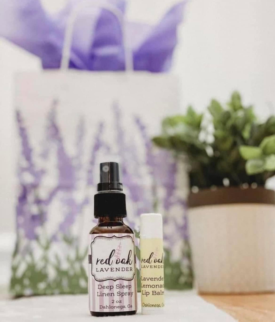 Lavender product in front of bag