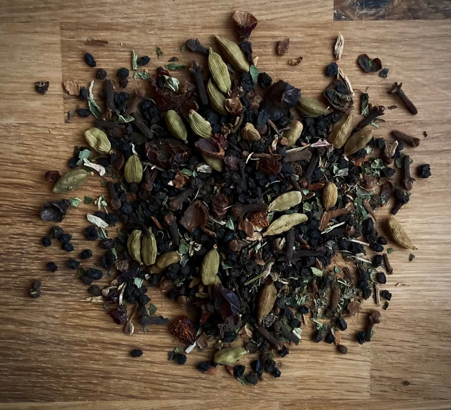 tea in cup with 3 different loose leaf tea samples